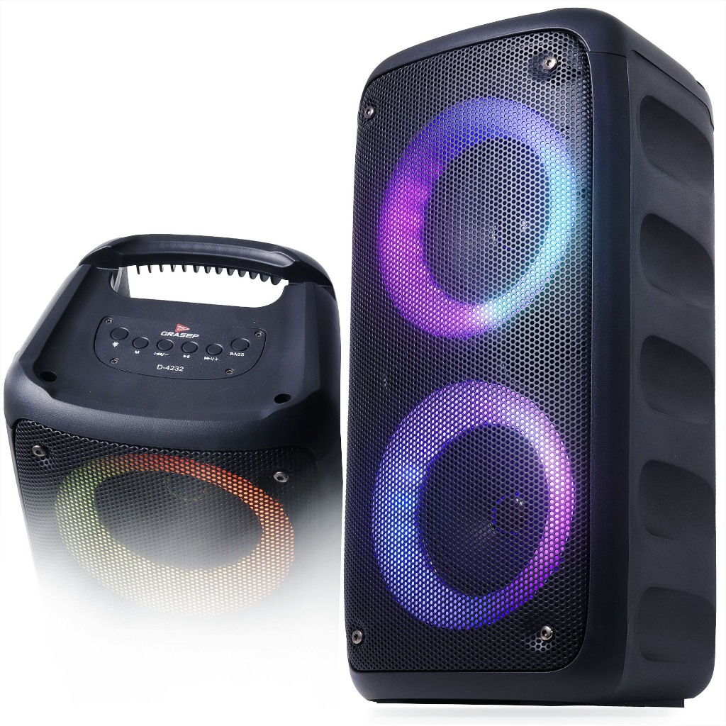Caixa de Som Bluetooth Grasep Amplificada P2 FM Torre Painel Led RGB Aux P10 Microfone 2 Alto Falante